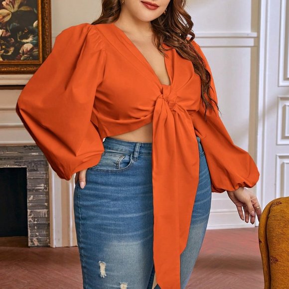 Plus Crop Top, Lantern Sleeve Knot Front Crop Top, Summer casual minimalist top - Picture 6 of 7